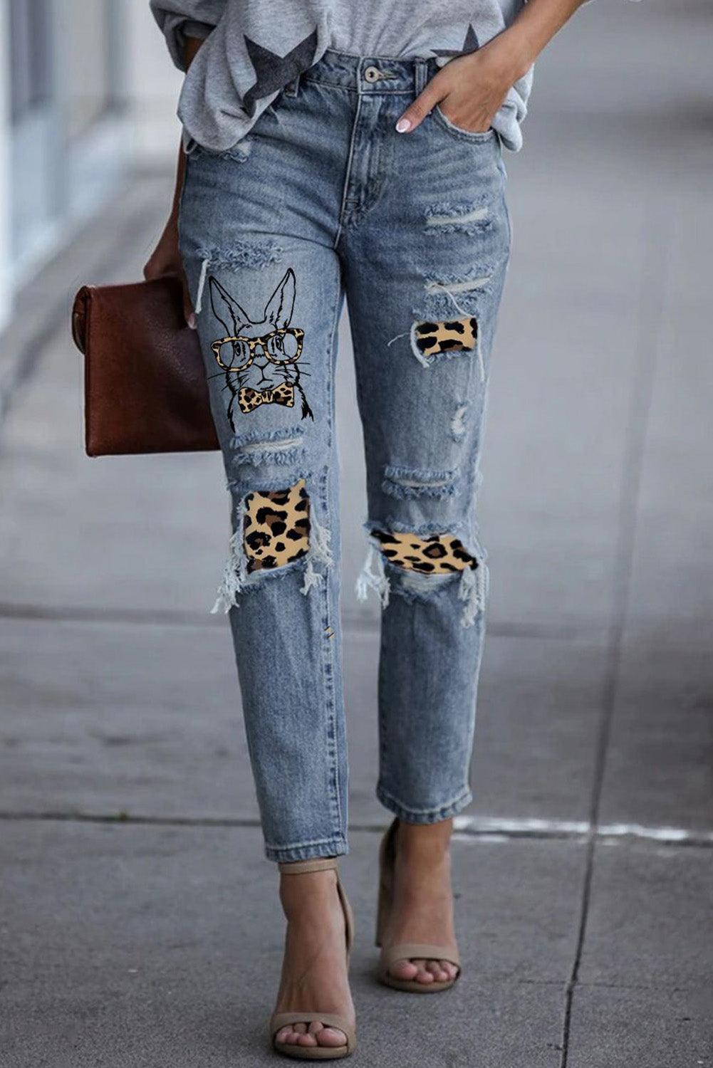 Easter Leopard Patch Bunny Graphic Jeans - Flyclothing LLC