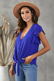 V-Neck Tie Hem Flutter Sleeve Blouse - Flyclothing LLC