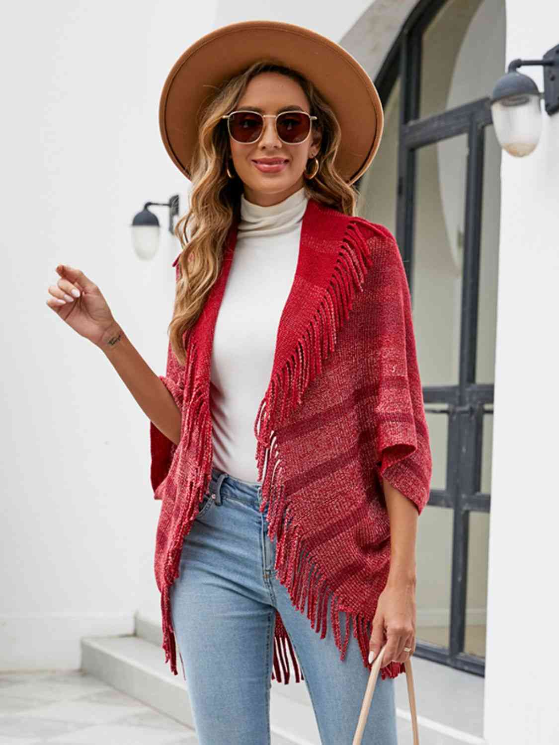 Fringe Detail Open Front Poncho - Trendsi - Flyclothing LLC