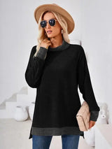 Contrast Mock Neck Long Sleeve T-Shirt - Trendsi - Flyclothing LLC
