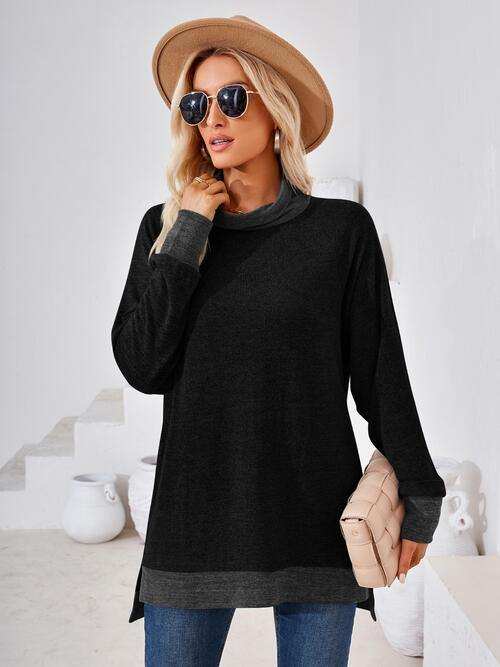 Contrast Mock Neck Long Sleeve T-Shirt - Trendsi - Flyclothing LLC