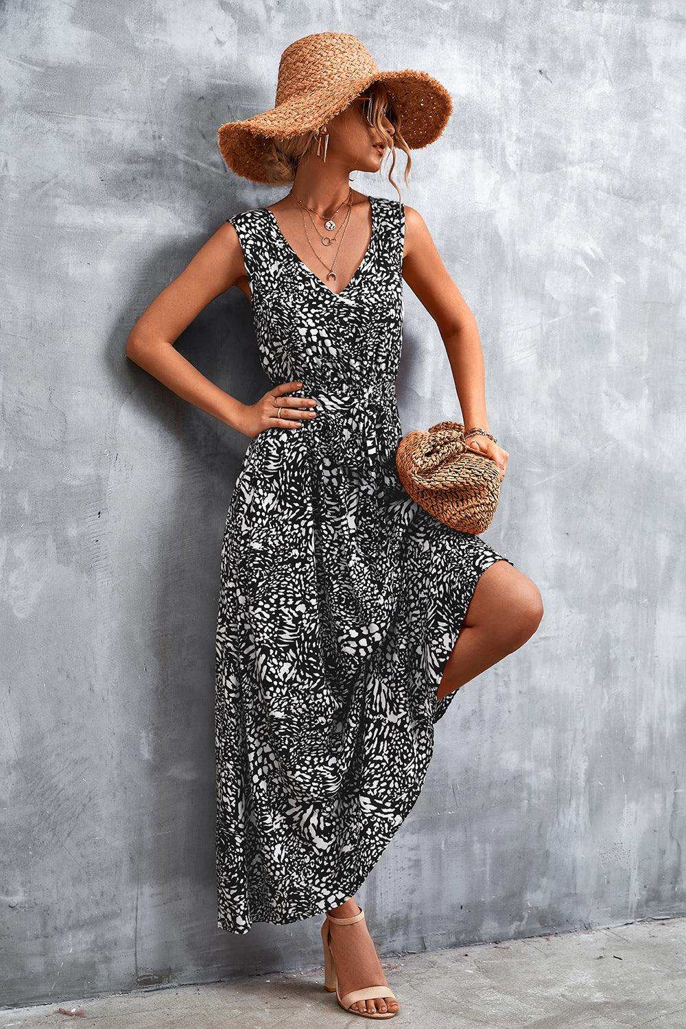 Printed V-Neck Tie Waist Maxi Dress - Trendsi - Flyclothing LLC