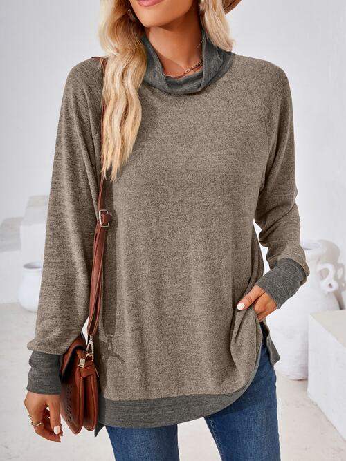 Contrast Mock Neck Long Sleeve T-Shirt - Trendsi - Flyclothing LLC