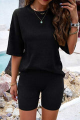 Eyelet Round Neck Top and Shorts Set - Trendsi - Flyclothing LLC