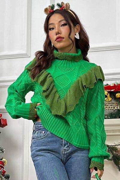 Cable-Knit Ruffled Mock Neck Lantern Sleeve Sweater - Trendsi - Flyclothing LLC