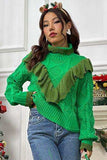 Cable-Knit Ruffled Mock Neck Lantern Sleeve Sweater - Trendsi - Flyclothing LLC