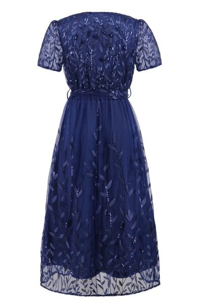 Sequin Leaf Embroidery Tie Front Short Sleeve Dress - Trendsi
