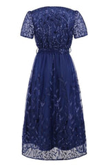 Sequin Leaf Embroidery Tie Front Short Sleeve Dress - Trendsi