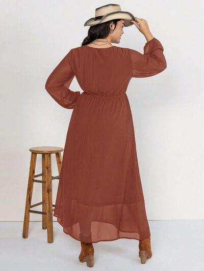 Plus Size Embroidered Tie Neck Long Sleeve Dress - Trendsi - Flyclothing LLC