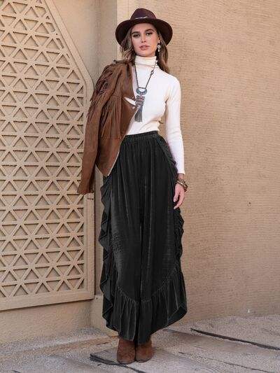 Ruffle Trim Wide Leg Slit Pants - Trendsi - Flyclothing LLC