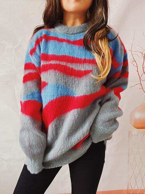 Color Block Round Neck Sweater - Trendsi - Flyclothing LLC