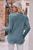 Round Neck Puff Sleeve Ribbed Top - Trendsi - Flyclothing LLC