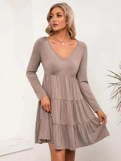 V-Neck Long Sleeve Tiered Dress - Trendsi - Flyclothing LLC