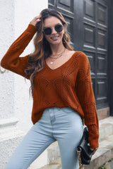 Openwork V-Neck Dropped Shoulder Sweater - Trendsi