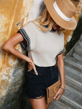 Contrast Round Neck Short Sleeve Knit Top - Trendsi - Flyclothing LLC
