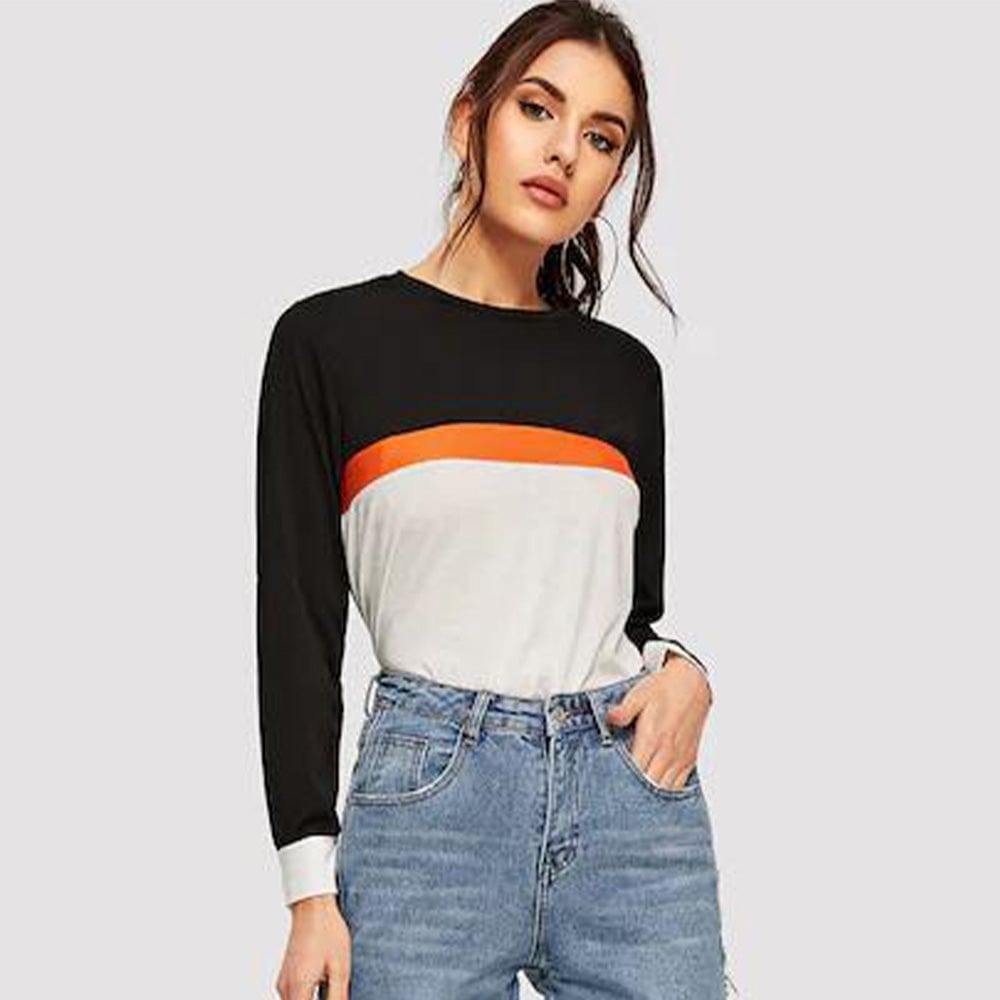 Color Block Round Neck Long Sleeve Tee - Trendsi