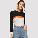 Color Block Round Neck Long Sleeve Tee - Trendsi