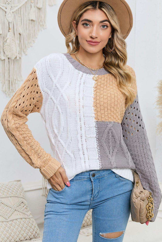 Cable-Knit Openwork Round Neck Color Block Sweater - Trendsi - Flyclothing LLC