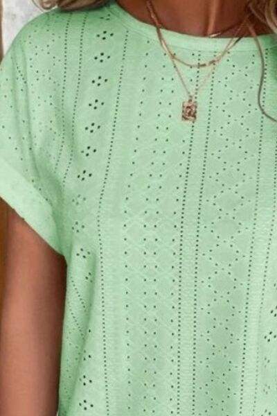 Eyelet Round Neck Short Sleeve T-Shirt - Trendsi - Flyclothing LLC