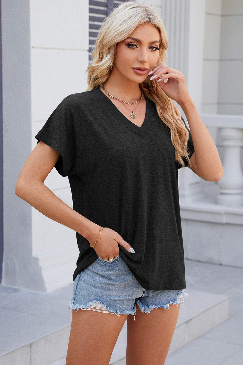 V-Neck Short Sleeve T-Shirt - Trendsi - Flyclothing LLC