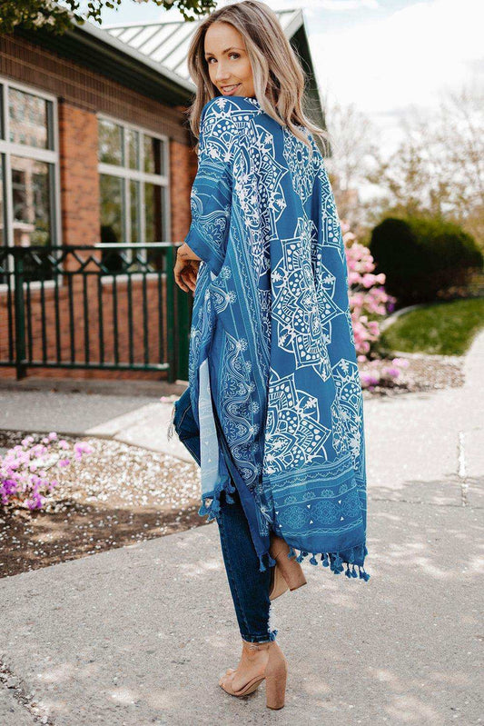 Printed Tassel Trim Open Front Cardigan - Trendsi - Flyclothing LLC
