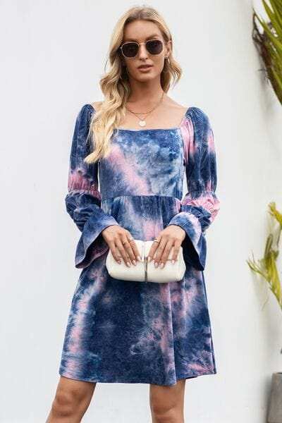 Tie-Dye Square Neck Flounce Sleeve Dress - Trendsi - Flyclothing LLC