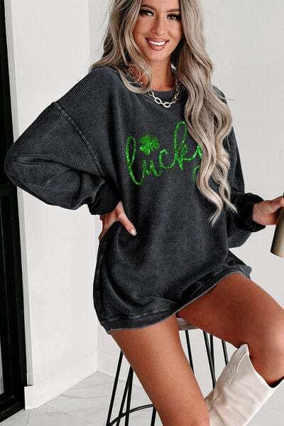 LUCKY Round Neck Dropped Shoulder Sweatshirt - Trendsi - Flyclothing LLC