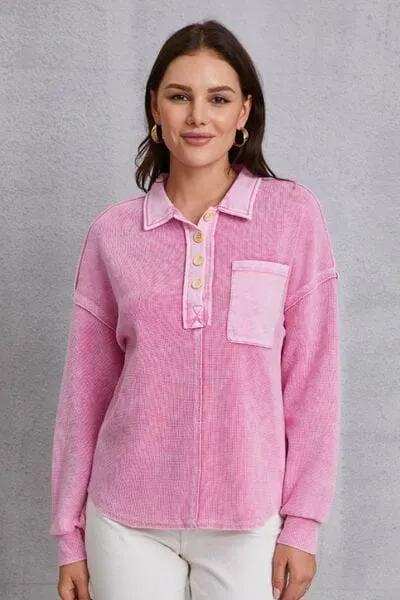 Quarter Button Dropped Shoulder Sweatshirt - Trendsi - Flyclothing LLC