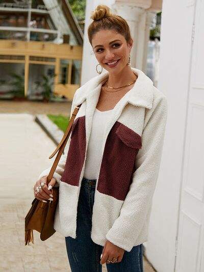 Plush Contrast Zip Up Coat - Trendsi - Flyclothing LLC