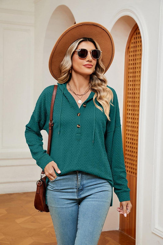 Half-Button Dropped Shoulder Hoodie - Trendsi