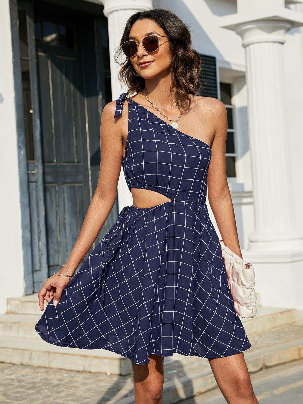 Grid One-Shoulder Tied Cutout Dress - Trendsi - Flyclothing LLC