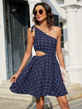 Grid One-Shoulder Tied Cutout Dress - Trendsi - Flyclothing LLC