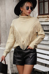 Turtle Neck Tassel Front Long Sleeve Pullover Sweater - Trendsi - Flyclothing LLC