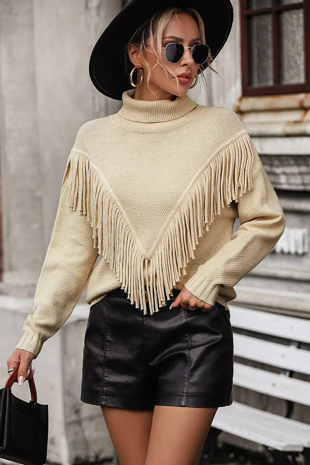 Turtle Neck Tassel Front Long Sleeve Pullover Sweater - Trendsi - Flyclothing LLC