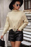 Turtle Neck Tassel Front Long Sleeve Pullover Sweater - Trendsi - Flyclothing LLC