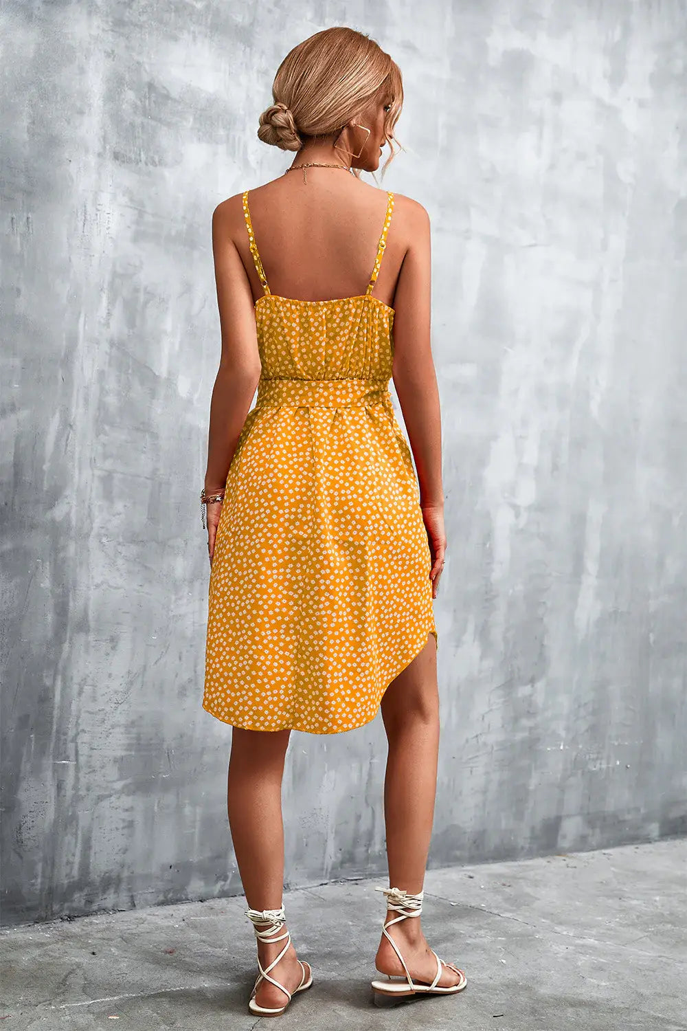 Printed V-Neck Tie Waist Mini Dress - Trendsi - Flyclothing LLC