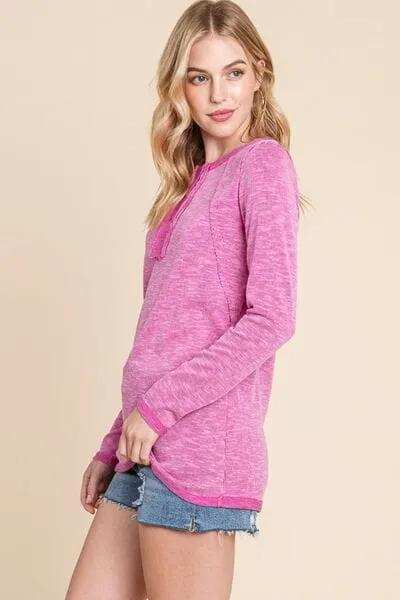 Reborn J Contrast Trim Half Button Long Sleeve T-Shirt - Trendsi - Flyclothing LLC