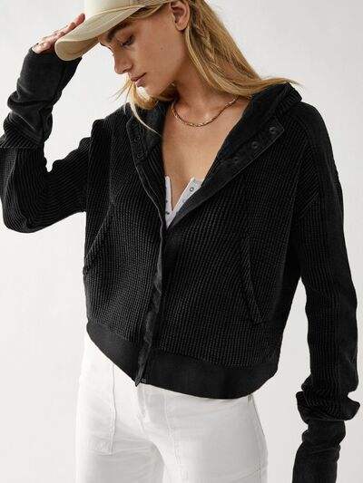 Waffle-Knit Dropped Shoulder Hooded Jacket - Trendsi - Flyclothing LLC