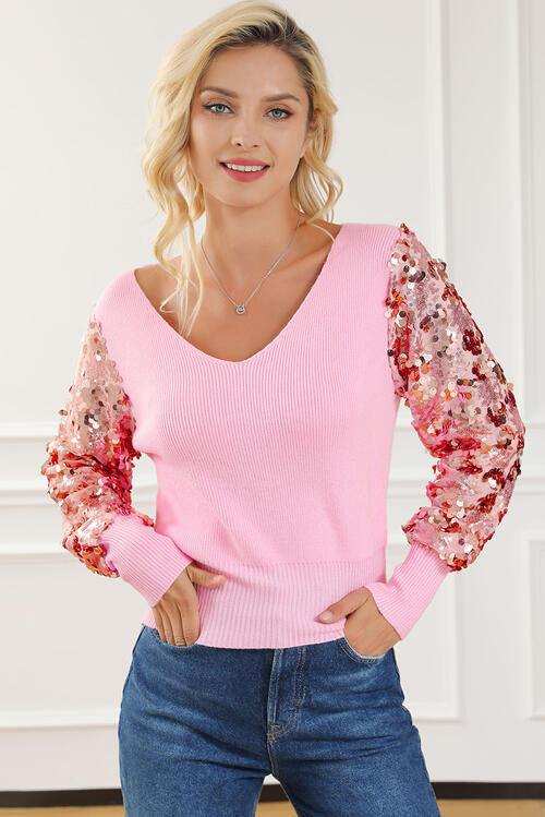 Sequin Long Sleeve V-Neck Sweater - Trendsi - Flyclothing LLC