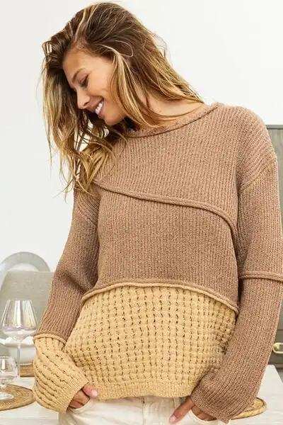 BiBi Texture Detail Contrast Drop Shoulder Sweater - Trendsi - Flyclothing LLC