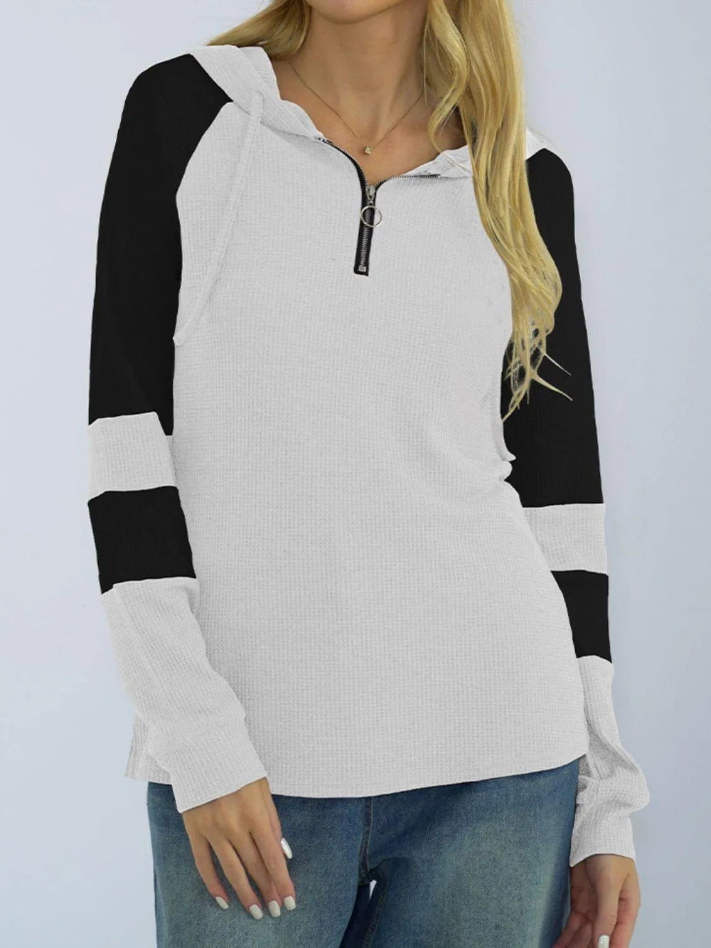 Waffle-knit Raglan Sleeve Zipper Front Hoody - Trendsi