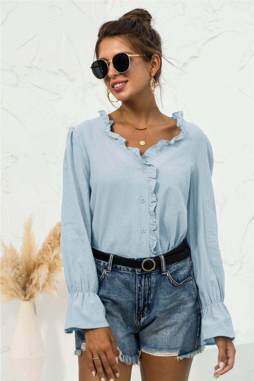 Frill Trim V-Neck Flounce Sleeve Shirt - Trendsi - Flyclothing LLC