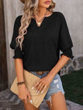 Heathered Notched Lantern Sleeve Blouse - Trendsi - Flyclothing LLC