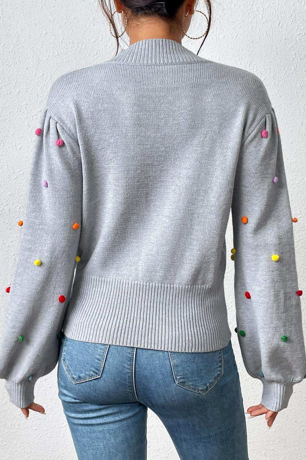Pom-Pom Trim Mock Neck Long Sleeve Pullover Sweater - Trendsi - Flyclothing LLC