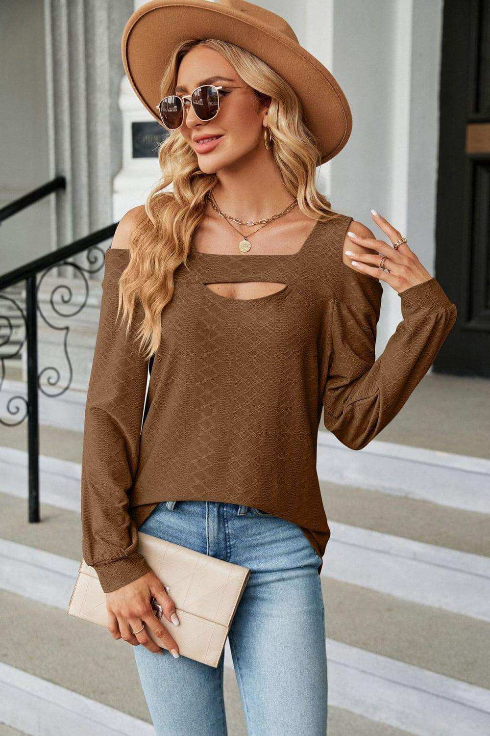 Cold Shoulder Square Neck Cutout Blouse - Trendsi - Flyclothing LLC