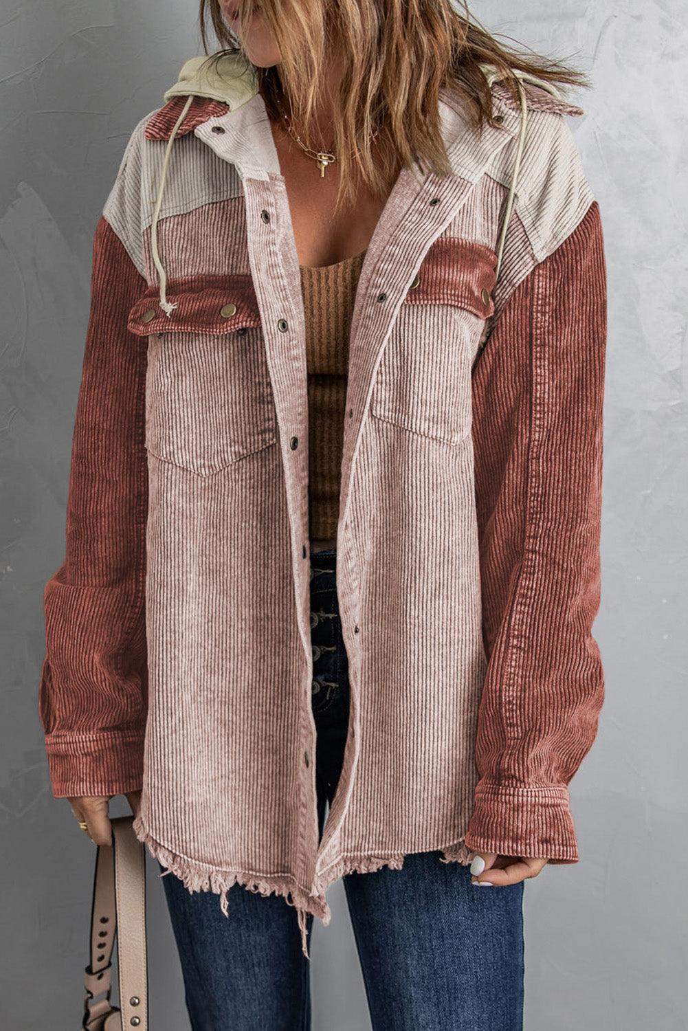 Snap Front Hooded Corduroy Shacket - Trendsi - Flyclothing LLC