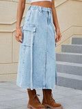 Slit Pocketed High Waist Denim Skirt - Trendsi - Flyclothing LLC