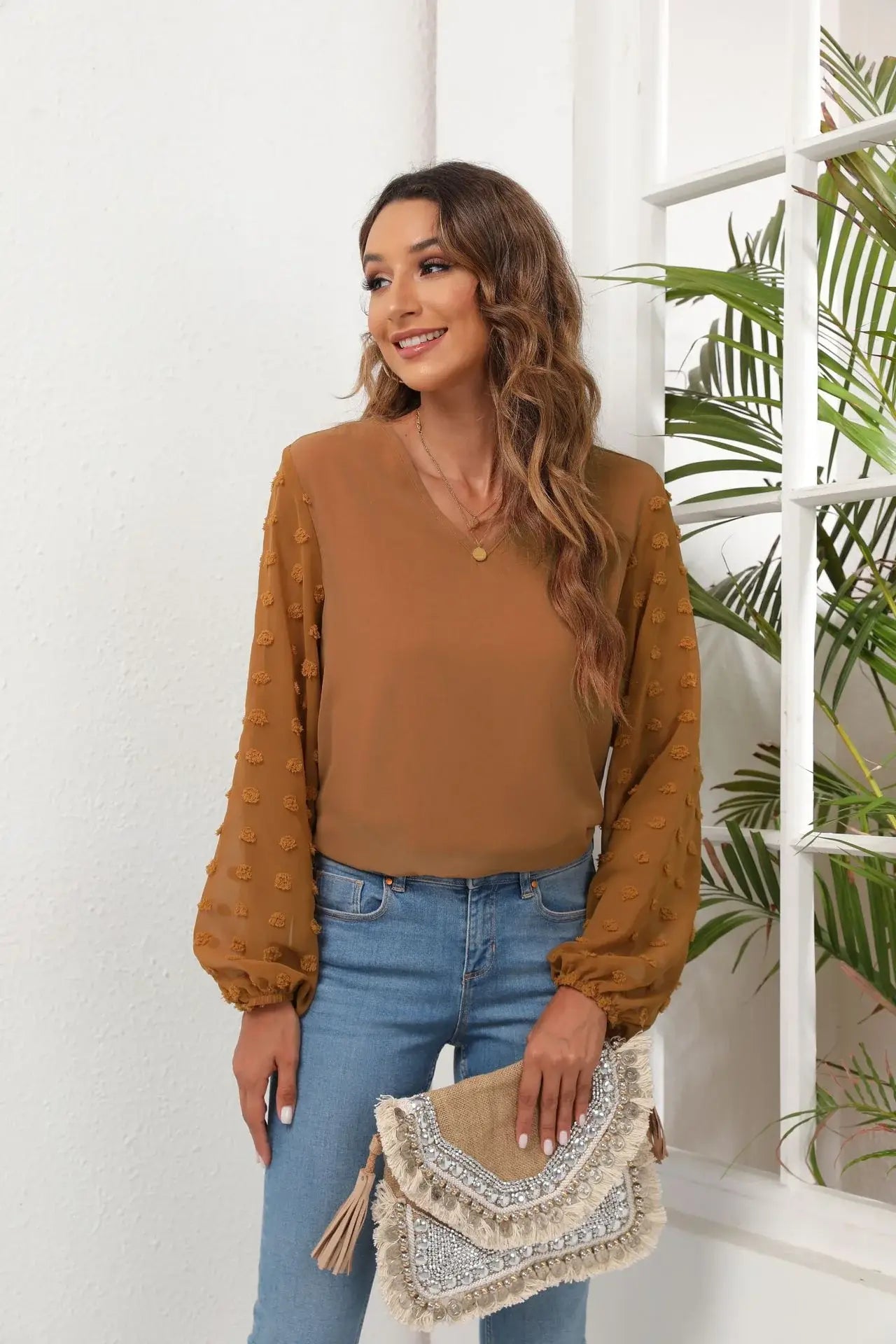Swiss Dot Balloon Sleeve Blouse - Trendsi - Flyclothing LLC