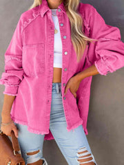 Button Down Raw Hem Denim Jacket - Trendsi