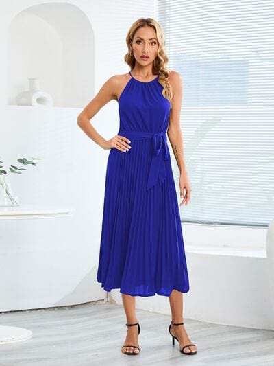 Pleated Spaghetti Strap Tie Waist Midi Dress - Trendsi - Flyclothing LLC